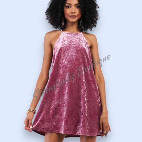 Petal Pink Flowy Strappy Stretchy Babydoll High Neck Halter Mini Swing Dress - Picture 3 of 7